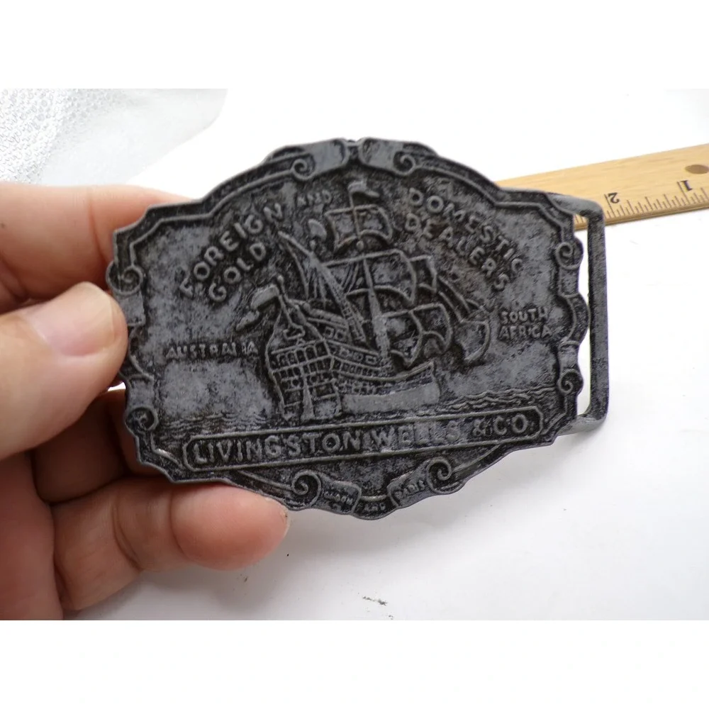 Livingston Wells & Co Belt Buckle Sailing Ship Foreign Domestic Gold Dealers